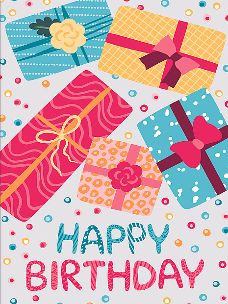 Das Bild zeigt ein buntes Geburtstagsmotiv mit fünf Geschenkboxen in unterschiedlichen Größen und Mustern. Darunter steht der Schriftzug: Happy Birthday.