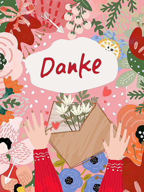 Das Bild zeigt einen farbenfrohen Hintergrund mit verschiedenen floralen und botanischen Elementen. Im Zentrum befindet sich ein Umschlag, aus dem weiße Blumen herausragen. Der Umschlag wird von zwei Händen gehalten. Darüber schwebt eine weiße Sprechblase mit dem Wort Danke