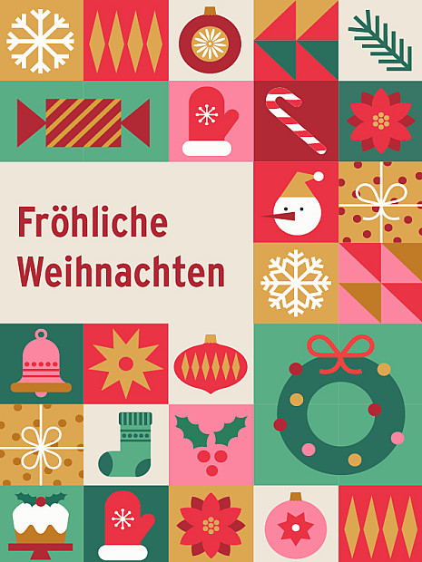 Bunte Weihnachtskarte im Patchwork-Stil mit vielen quadratischen Feldern, die verschiedene festliche Symbole zeigen: Schneeflocken, Weihnachtskugeln, Geschenke, Tannenzweig, Zuckerstange, Handschuhe, Glocke, Stern, Kranz und Weihnachtsmannkopf. Die Farben sind überwiegend Rot, Grün, Gold und Pink. Links steht in roter Schrift ‚Fröhliche Weihnachten‘ auf hellem Hintergrund